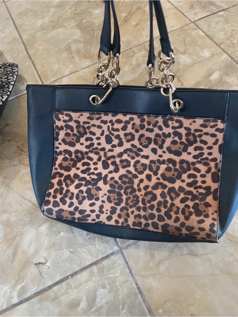 Black Tote Bag with Leopard Print Accent